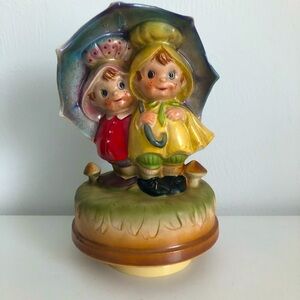 Vintage Friends Sharing an Umbrella Music Box